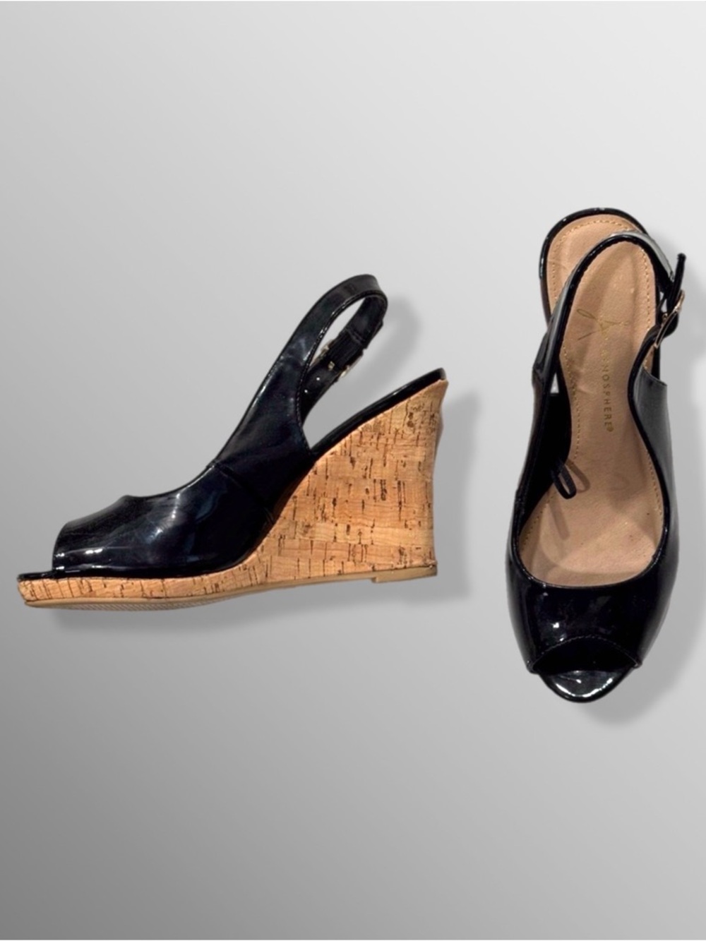 Black Patent Leather Platform Sandals Heels High Buckle 6 Platforms Wedge Cork